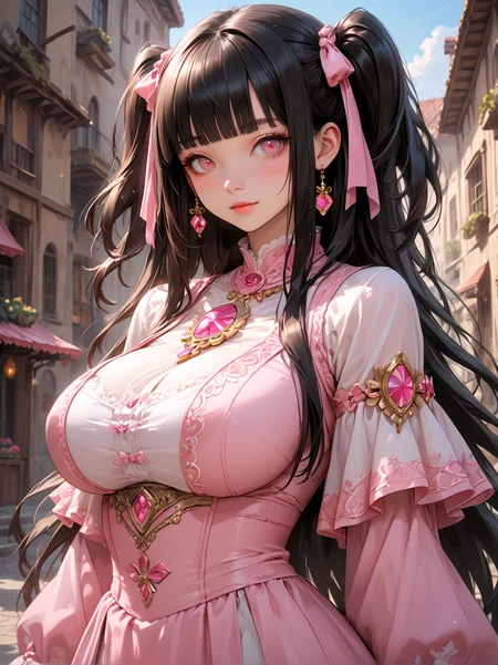 score_9, score_8_up, score_7_up,BREAK,masterpiece,hyper quality,extreme quality,best quality,high quality,extreme detailed,hyper detailed,hyper detailed hair,beautiful eyes,hyper detailed skin,<lora:cnv3mdde878c738thn20:0.6>,BREAK,,cowboy shot,, 1girl,black hair,light pink ombre hair,two side up,blunt bangs,pink eyes,large breasts