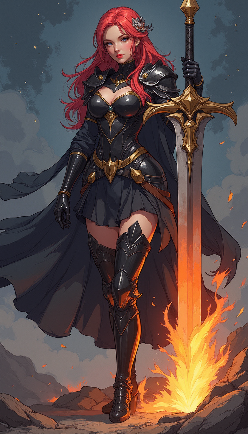 A high-quality, whimsical digital artwork in the style of pinksoftcoreanime, 
"A battle-worn warrior woman with striking red hair, clad in enchanted black and gold armor. She holds a massive, intricately forged greatsword, the blade shimmering with arcane fire as she stands atop a battlefield of fallen stars."
