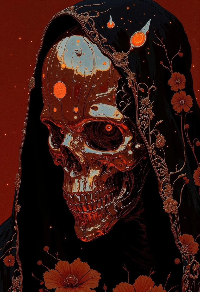 Hyper-realistic close-up of a mystical figure with a skull face crafted from flawless chrome, polished to a mirror-like, glossy finish that captures even the smallest light reflections. The chrome surface, highly reflective and smooth, showcases intricate engravings that shimmer with a faint, holographic iridescence, shifting gently as light touches it. The skull’s structure is defined with sharp, prominent cheekbones and deep, hollow eye sockets, casting liquid-like, reflective highlights that dance across the metallic surface. Tiny sparkling flecks catch along the edges, enhancing the glossy, jewel-like quality of the chrome, while subtle scratches and gradients create an illusion of both age and futuristic sophistication. The figure is cloaked in a heavy, black hooded robe adorned with intricate floral patterns, the only vibrant color within the composition, standing out vividly against the otherwise muted tones. A subtle red tint bathes the entire image, casting a warm, eerie glow over the chrome skull and shadowed folds of the robe. The floral patterns seem to glow softly within the robe, adding a mystical touch to the dark garment. The background is deep red, and diffused lighting casts soft, warm highlights over the chrome, intensifying its reflective and sparkling qualities. The result is a surreal, enigmatic atmosphere, where the chrome skull exudes an almost supernatural allure, accentuated by the dark yet ethereal setting.