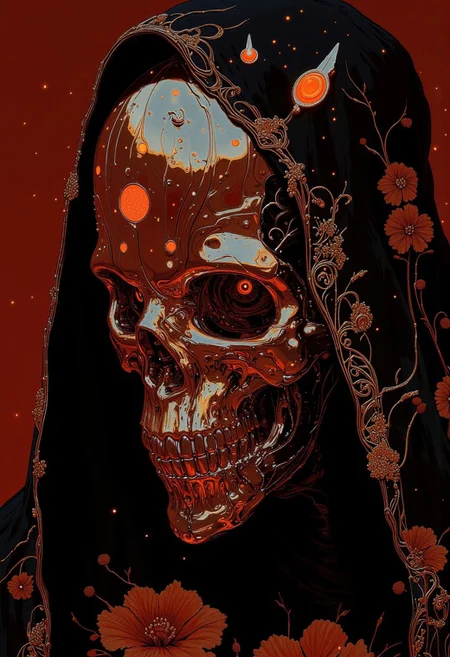 Hyper-realistic close-up of a mystical figure with a skull face crafted from flawless chrome, polished to a mirror-like, glossy finish that captures even the smallest light reflections. The chrome surface, highly reflective and smooth, showcases intricate engravings that shimmer with a faint, holographic iridescence, shifting gently as light touches it. The skull’s structure is defined with sharp, prominent cheekbones and deep, hollow eye sockets, casting liquid-like, reflective highlights that dance across the metallic surface. Tiny sparkling flecks catch along the edges, enhancing the glossy, jewel-like quality of the chrome, while subtle scratches and gradients create an illusion of both age and futuristic sophistication. The figure is cloaked in a heavy, black hooded robe adorned with intricate floral patterns, the only vibrant color within the composition, standing out vividly against the otherwise muted tones. A subtle red tint bathes the entire image, casting a warm, eerie glow over the chrome skull and shadowed folds of the robe. The floral patterns seem to glow softly within the robe, adding a mystical touch to the dark garment. The background is deep red, and diffused lighting casts soft, warm highlights over the chrome, intensifying its reflective and sparkling qualities. The result is a surreal, enigmatic atmosphere, where the chrome skull exudes an almost supernatural allure, accentuated by the dark yet ethereal setting.