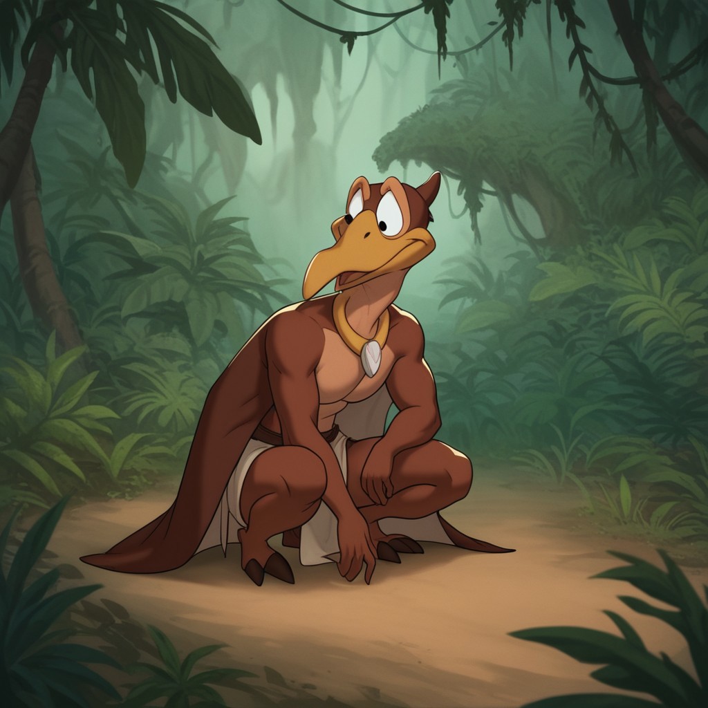 score_9, score_8_up, score_7_up, score_6_up, source_furry, Petrielbtv2, anthro, male, Pteranodon, brown skin, black eyes, membranous wings, winged arms, squatting, in the jungle, loincloth,
