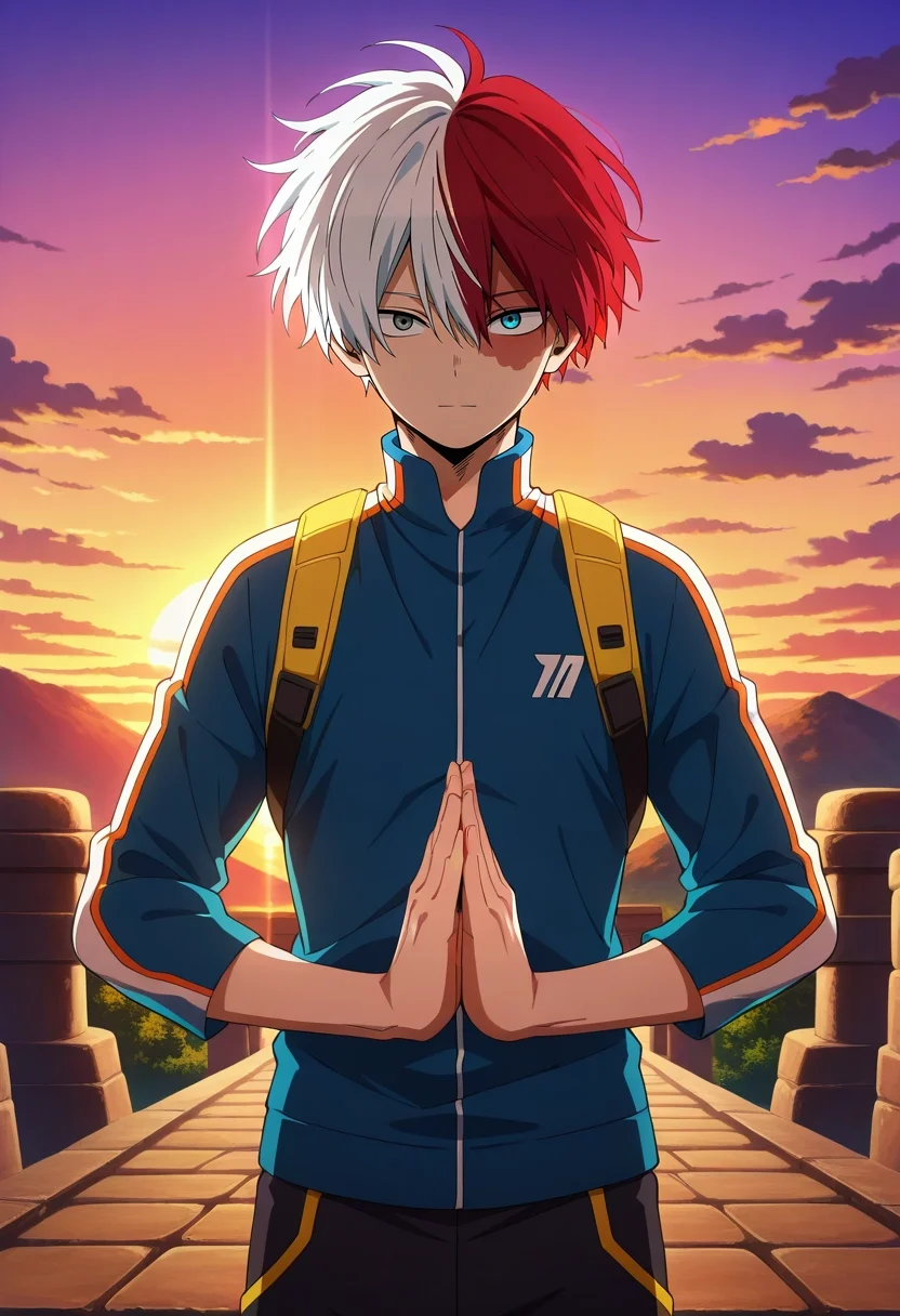 masterpiece, best quality, , anime screencap, , official style, looking at viewer, , 1boy, solo, male focus, <lora:shouto_todoroki_ilxl:0.94>, shouto_todoroki, white hair, red hair, grey eyes, blue eyes, heterochromia, short hair, hair between eyes, bangs, multicolored hair, two-tone hair, split-color hair, burn scar, scar on face, sky sanctuary, cloud temples, wind gardens, meditation platforms, peaceful pose, serene expression, sunset, Hiking shorts, Herringbone ElectricBlue Taffeta Graphic long-sleeve shirt, , ,