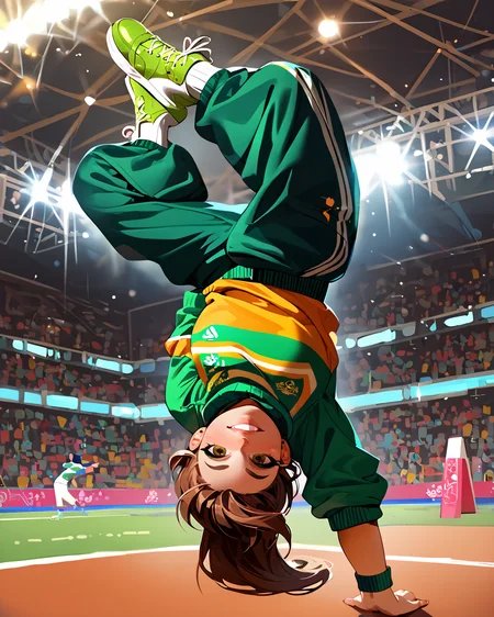 score_9, score_8_up, score_7_up, vibrant color, 1girl, <lora:bdancepxl:0.8>, bdancepxl, doing a handstand, one-handed, breakdance pose, motion, spread legs, looking at viewer, upside down, shirt falling down, comic book, best quality, masterpiece,   sneakers, motion lines, smile, gesture, cool outfit, green and gold tracksuit, Olympics, green cap, brown hair, pale skin, Australian flag