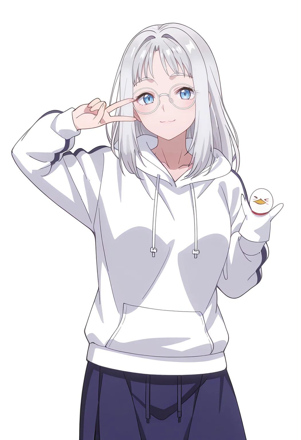 Smooth Quality,masterpiece,beautiful aesthetic, very intricate, high quality details, ultra realistic, high detailed skin,
simple background, white background,
front view,v over eye,xd,
slit skirt,,zip-up hoodie, ,Finger puppet, <lora:Hinacnn:0.8> hina/cnn, 1girl, long hair, blue eyes, grey hair, glasses,