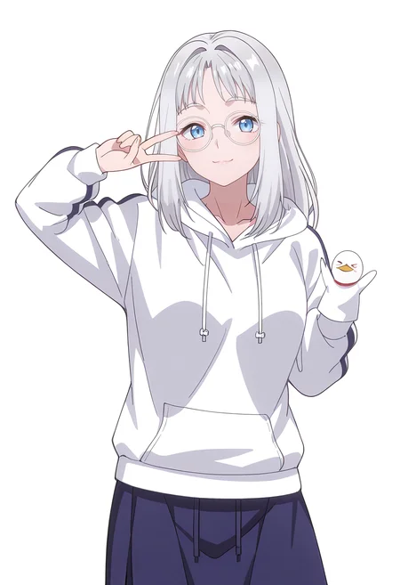 Smooth Quality,masterpiece,beautiful aesthetic, very intricate, high quality details, ultra realistic, high detailed skin,
simple background, white background,
front view,v over eye,xd,
slit skirt,,zip-up hoodie, ,Finger puppet, <lora:Hinacnn:0.8> hina/cnn, 1girl, long hair, blue eyes, grey hair, glasses,