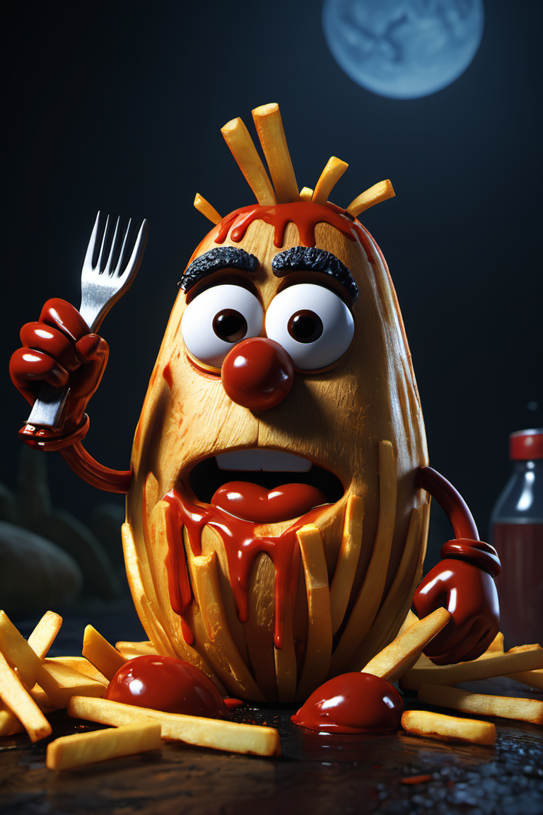 Horror-themed mr potato head eating french fries with ketchup,cinematic still frame,35mm,8K,thorough,fries in mouth,ketchup,, glow effects, godrays, Hand drawn, render, 8k, octane render, cinema 4d, blender, dark, atmospheric 4k ultra detailed, cinematic, Sharp focus, big depth of field, Masterpiece, colors, 3d octane render, 4k, concept art, trending on artstation, hyperrealistic, Vivid colors, extremely detailed CG unity 8k wallpaper, trending on CGSociety, Intricate, High Detail, dramatic . Eerie, unsettling, dark, spooky, suspenseful, grim, highly detailed