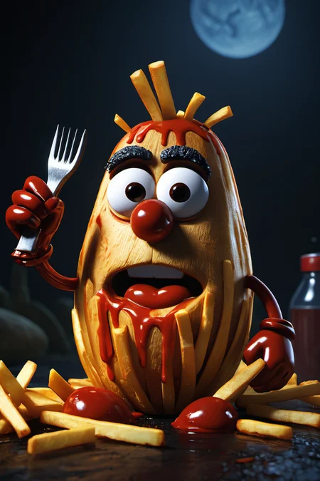 Horror-themed mr potato head eating french fries with ketchup,cinematic still frame,35mm,8K,thorough,fries in mouth,ketchup,, glow effects, godrays, Hand drawn, render, 8k, octane render, cinema 4d, blender, dark, atmospheric 4k ultra detailed, cinematic, Sharp focus, big depth of field, Masterpiece, colors, 3d octane render, 4k, concept art, trending on artstation, hyperrealistic, Vivid colors, extremely detailed CG unity 8k wallpaper, trending on CGSociety, Intricate, High Detail, dramatic . Eerie, unsettling, dark, spooky, suspenseful, grim, highly detailed