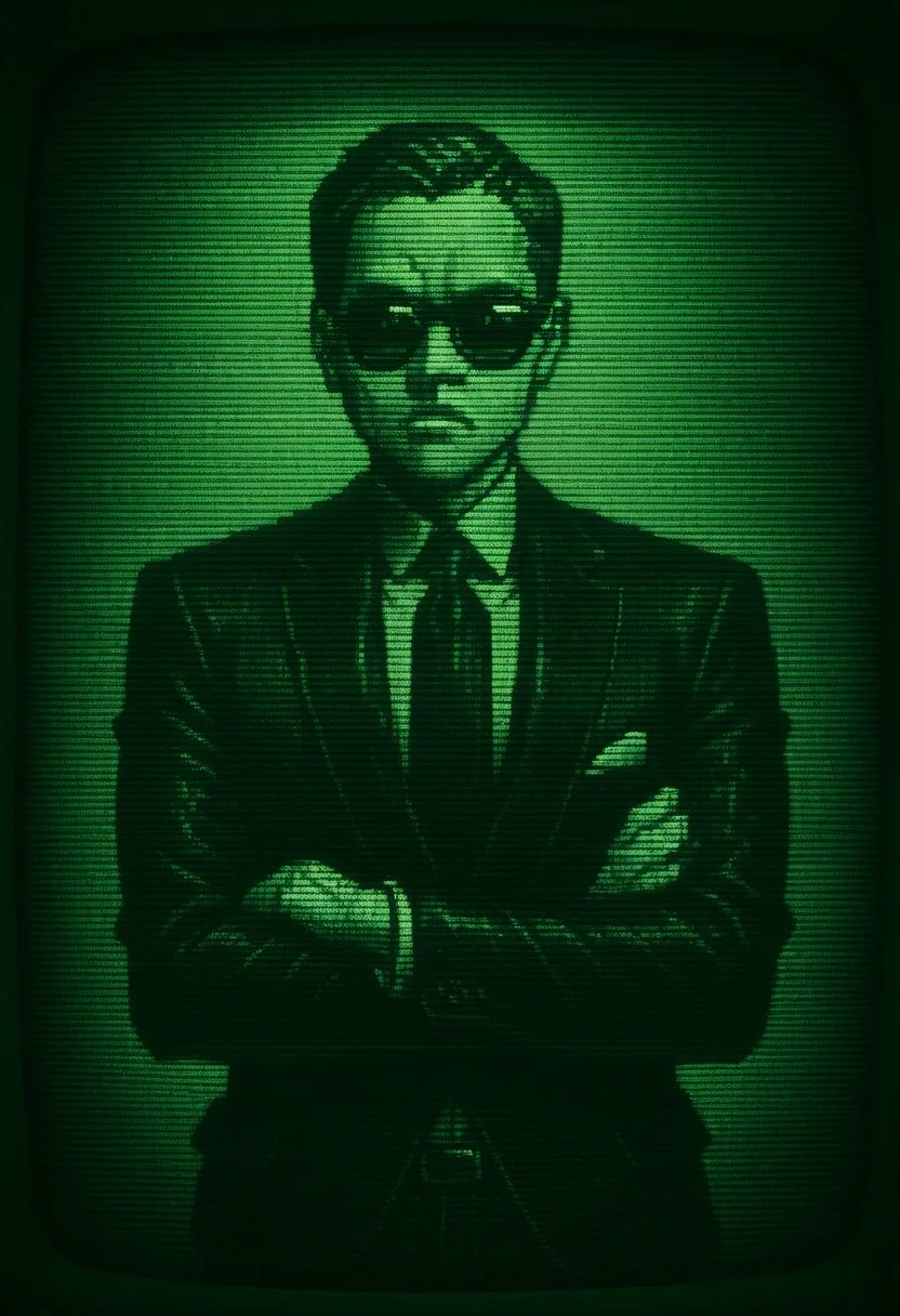 masterpiece, high quality,R3troCRTGr33n,monochrome,green theme,man in suit,tie,crossed arms,sunglasses,bored