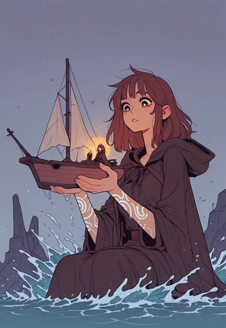 score_9, score_8_up, score_7_up, masterpiece, best quality, very aesthetic, 1woman, incoth, (incase:0.6), detailed face, (dynamic:1.1), (curvy, mature:0.5), , exposed arms, cloak, robes, brown hair, windy, brown eyes, white pupils, sitting in nutshell, steering, giantess, , floating boat, sail, ropes, stormy, wavey, splashing water, current, mage spell, glowing tattoo, cliff, (amused:0.8), glow