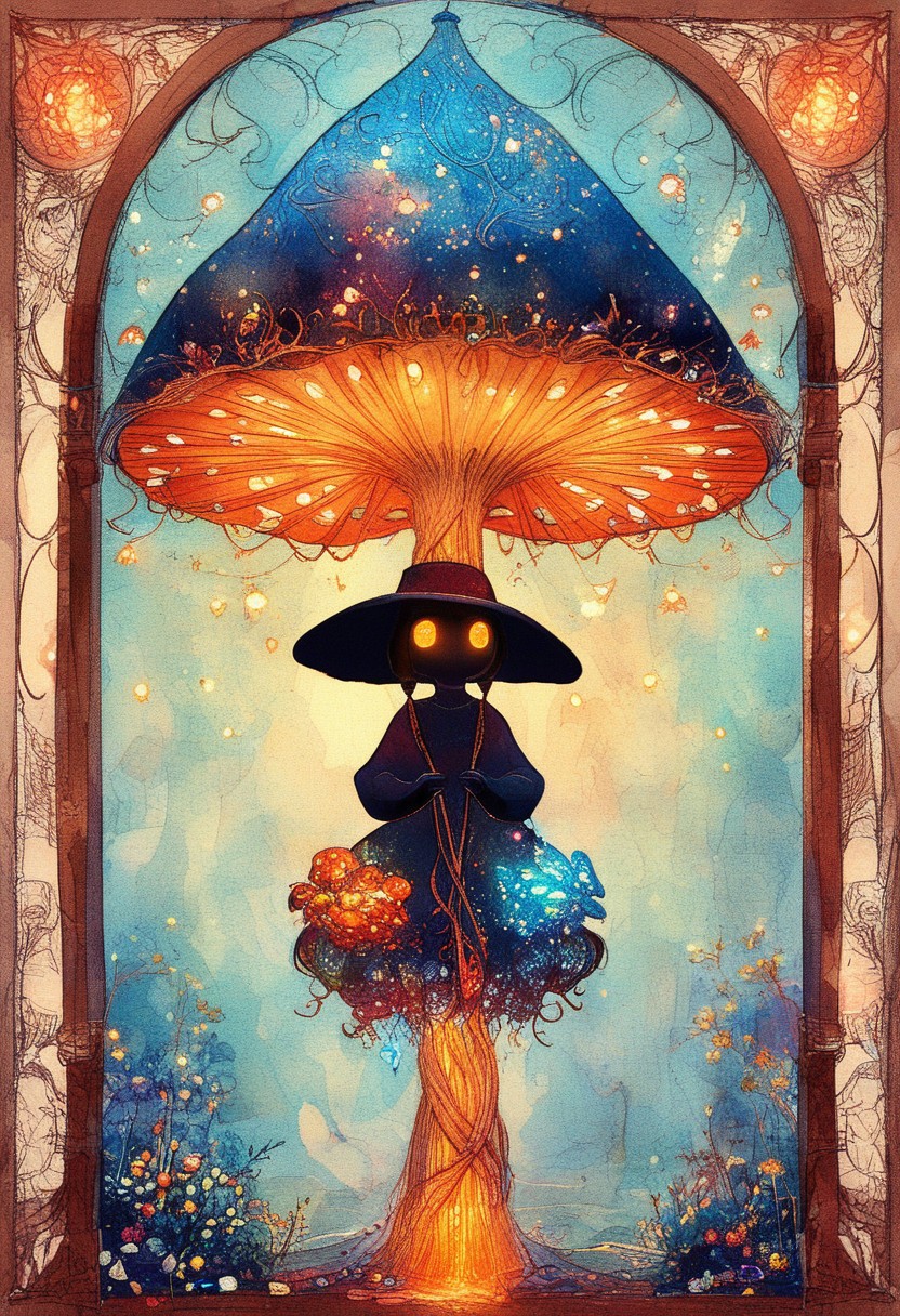 score_9, score_8_up, score_7_up, rating_questionable,score_9, score_8_up, score_7_up, BREAK 
In a magical clearing, the annual Blue Mushroom Festival is in full swing. Blue glowing mushrooms of all shapes and sizes light up the night, creating a festive and enchanting atmosphere. A cute witch with a black floppy hat, black hair, and orange glowing eyes dances joyfully among the mushrooms, her dress swirling with her movements. The festival is filled with magical creatures, colorful lights, and lively music. The scene is depicted in a vibrant, whimsical style, capturing the joyous and magical spirit of the festival, reminiscent of the playful and colorful art of Hayao Miyazaki’s Studio Ghibli films.
, the scene is captured in dimly lit dark fantasy but vibrant colors, with bold ink lines defining form against the watercolor wash of the aged paper
(Art Noveau), ArsMJStyle,  <lora:ArsMJStylePony_-_Art_Nouveau-000009:1.5>