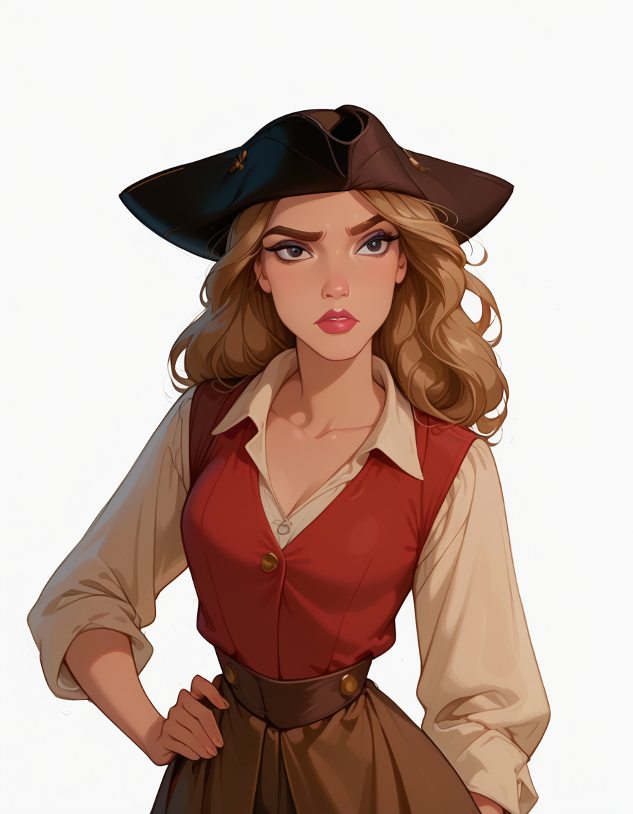 <lora:Disney_Style:.9> <lora:princess_xl_v2:.75> <lora:add-detail-xl:.9> <lora:g0th1cPXL:.3> <lora:Cherry-Gig:.45> <lora:Expressive_H:1> <lora:PLASTT_PonyV6:1> <lora:Elizabeth_Swann_ZairaSass_v1:0.7> score_9, score_8_up, score_7_up, zPDXL, DisneyRenstyle, score_9,score_8_up,score_7_up,score_6_up, 
(white background, plain background, ambient light), (standing, 3/4 view), 
1girl, solo, sexy 18 year old, british girl, (Elizabeth Swann, Pirate Disguise), perfect face, beautiful face, defined cheekbones, defined jawline, light brown hair, thick hair, thick dark eyebrows, dark brown eyes, dark lashes, thin lips, nude colored lips,  
confused expression, narrow eyes, one hand on hip, perfect hands, 5 fingers, slender waist, tall, slender, sexy, 
black tricorne hat, white sleeves, white tunic, red vest, red waistcoat, brown trousers, holding compass, looking at compass,