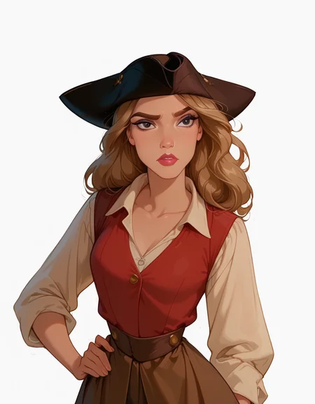 <lora:Disney_Style:.9> <lora:princess_xl_v2:.75> <lora:add-detail-xl:.9> <lora:g0th1cPXL:.3> <lora:Cherry-Gig:.45> <lora:Expressive_H:1> <lora:PLASTT_PonyV6:1> <lora:Elizabeth_Swann_ZairaSass_v1:0.7> score_9, score_8_up, score_7_up, zPDXL, DisneyRenstyle, score_9,score_8_up,score_7_up,score_6_up, 
(white background, plain background, ambient light), (standing, 3/4 view), 
1girl, solo, sexy 18 year old, british girl, (Elizabeth Swann, Pirate Disguise), perfect face, beautiful face, defined cheekbones, defined jawline, light brown hair, thick hair, thick dark eyebrows, dark brown eyes, dark lashes, thin lips, nude colored lips,  
confused expression, narrow eyes, one hand on hip, perfect hands, 5 fingers, slender waist, tall, slender, sexy, 
black tricorne hat, white sleeves, white tunic, red vest, red waistcoat, brown trousers, holding compass, looking at compass,