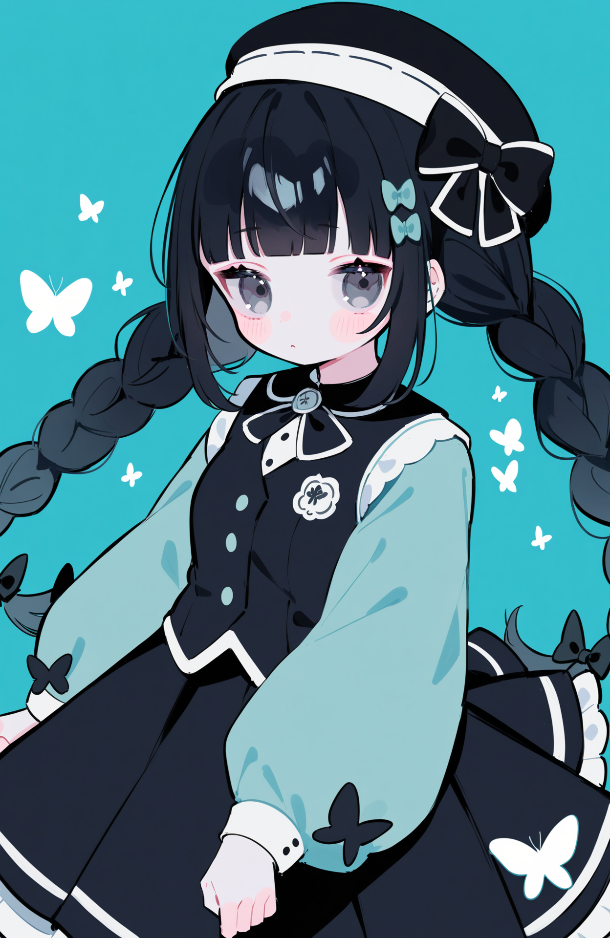 1girl,solo,long hair,hat,bow,bug,long sleeves,twin braids,blunt bangs,butterfly,hair bow,skirt,shirt,looking at viewer,grey eyes,braid,black headwear,black skirt,multiple hair bows,aqua background,blush,black bow,vest,very long hair,aqua theme,black hair,dress,blue background,buttons,
<lora:Lovely-000036:0.6>,