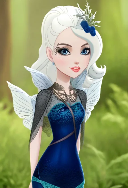 Expressiveh, (Masterpiece, best quality:1.5), score_9, score_9_up, solo, , soft shading, strong lighting,  (anatomically correct),  best high quality, high res,  jewelry, cute, beautiful, (ultra realistic,32k, masterpiece:1.2),(high detailed skin:1.1),( high quality:1.1,  blue eyes, (looking at viewer, portrait:1.1), <lora:add_detail:0.95>, (moody lighting:1.1), sexy, 1girl, 25 years old, full body visible, irl, photorealistic,  realistic style,  smiling, jewelry, necklace, clothes, seductive pose, seductive look, outdoors, posing,   face focus,  outdoors, mix4, faybelle, lace fairy wings, white hair, grey skin, ponytail, BadDream, lace clothes, dark blue top, blue pants