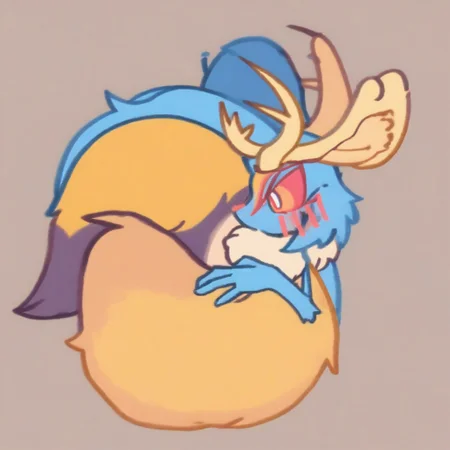 Fecto Elfilis, blue fur, multicolored eyes, head wings, antlers, yellow fur, colored sclera, fluffy tail, blush lines
