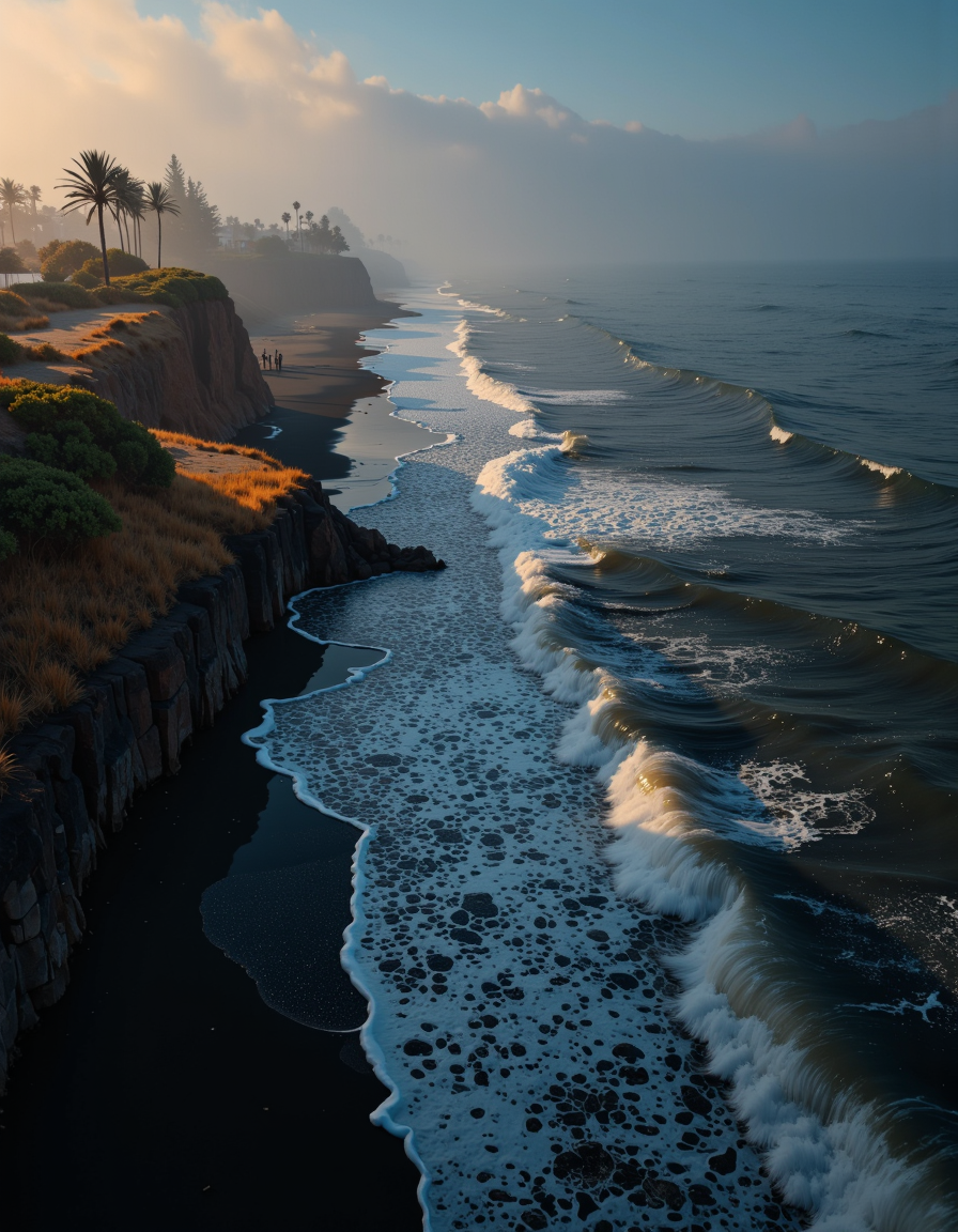 Real estate photography style, leading, remains, stretch, beauty, churning, glowing accents, above, vegetation, colorful, black, symbolic, dancing, fog, edge, sand, bathed, blues, Professional, inviting, well-lit, high-resolution, property-focused, commercial, highly detailed.