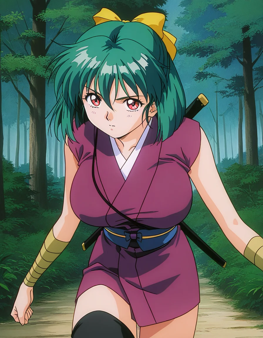 general,highres, ultra-detailed,very aesthetic,best quality ,best hands, BREAK <lora:Yaku_InjuuGakuen_IS:1.1>
Yaku, 1girl, green hair, short hair, red eyes, large breasts, hair ribbon, Yellow bow, black thighhighs,
japanese clothes, ninja, short kimono, purple kimono,
1990s \(style\),anime coloring,
copse of trees, forest,