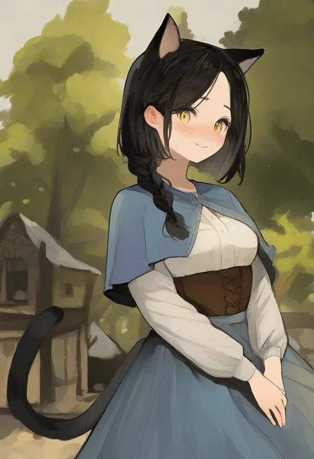 1girl, solo, cat girl, cat ears, cat tail, animal ears, kemonomimi mode, black hair, medium hair, parted bangs, hair behind ear, braid, single braid, french braided ponytail, yellow eyes, looking at viewer, head down, upturned eyes, blush, embarrassed, closed mouth, smile, v arms, medium breasts, capelet, blue capelet, white shirt, long sleeves, underbust, brown underbust, blue skirt, long skirt, standing, close-up, village, tree, painting \(medium\), very awa, masterpiece, best quality, highres, absurdres