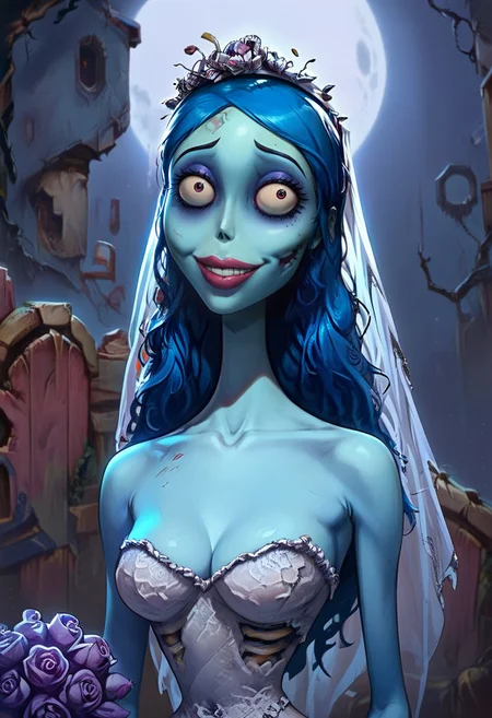 score_9,score_8_up,score_7_up, 1 girl,undead,emily,bones,scrap,blue hair,one hand bone,blue skin, pinup pose,playfool smile, sexy wedding dress,wedding veil, cemetery, portrait, <lora:Emily:0.8>, intricate details,realistic, <lora:[GP] somethingweird [Pony XL]:0.2>,<lora:EldritchComicsXL1.2:0.5>,<lora:Expressive_H:0.2>,<lora:Siserg3:0.5>,<lora:Smooth Anime Style LoRA XL:0.8>,<lora:WesternCartoonClassicDisney100:0.6>,<lora:Wizards_Vintage_Golden_Age_Illustrations:0.5>,<lora:add-detail-xl:1.5>,