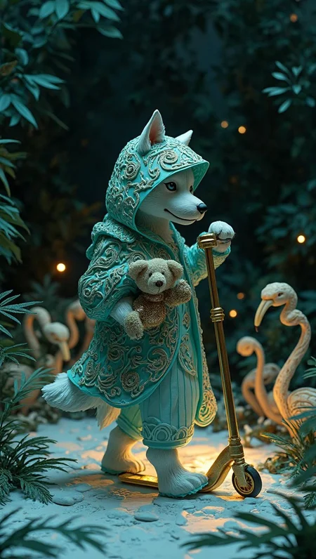 In a self-growing garden, a surreal scene unfolds, crafted with the precision of a layered three-dimensional papercraft. The background is a deep, inky black, setting the stage for the intricate layers of teal and metallic gold that dominate the design. At the center of this garden stands an anthropomorphic Siberian Husky, its form meticulously cut from fine paper. The Husky's rain cloud hat and raincoat are adorned with beveled edges and flowing motifs, their intricate details catching the light in a way that enhances their ethereal presence. The hat is adorned with delicate, swirling patterns inspired by the natural world, while the raincoat features geometric shapes that interlock seamlessly.
The Husky's pose is dynamic, with hyperextended joints that add a whimsical touch to the scene. It performs a hip hop shuffle with a crossed-eyebrow expression, infused with a sense of playfulness and defiance. In its hands, it holds a Teddy bear, also crafted from layered paper, with soft, beveled edges that give it a tactile, almost lifelike quality.
Surrounding the Husky are flamingo scooters, their forms meticulously detailed with intricate patterns and metallic accents. The scooters add a touch of whimsy and contrast to the scene, reflecting the light in a way that highlights their ornate design. The snow in the garden is made of bubble gum, its surface rendered in a shimmering, translucent layer of paper that glistens under the soft, dramatic lighting.
The lighting, provided by light-up dance shoes, casts a gentle glow across the scene, emphasizing the relief and shadows between the layers. The shoes are adorned with sequined jumpsuits, their shimmering surfaces catching the light and adding a touch of glamour and sophistication. The entire scene is a mystical, regal masterpiece, where the mundane is transformed into the extraordinary through the art of layered papercraft.