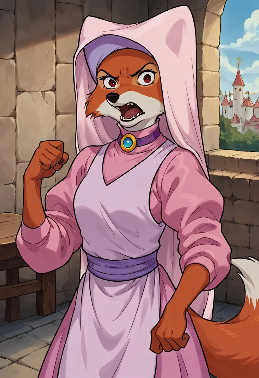 1girl, 1boy, score_9, score_8_up, score_7_up, show accurate, official art, 1girl, solo, maid_marian, fox, tail, fur, red eyes, closeup, angry expression, snarl, pointing at viewer, yelling, defiant, pink dress, pink headwear, looking at viewer, detailed face, medium breasts, castle background, indoors, couter shading,