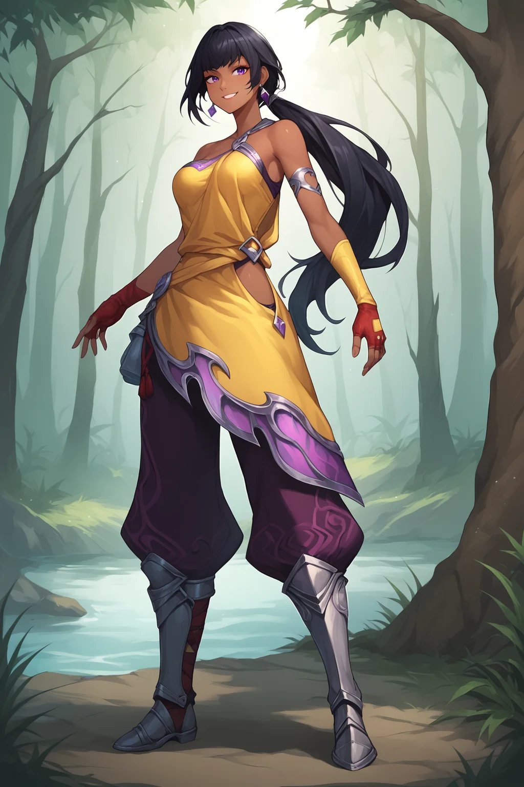 score_9, score_8_up, score_7_up, score_6_up, BREAK, NilahLoLXL, dark skin, colored skin, purple eyes, black hair, long hair, bangs, sidelocks, earrings, medium breasts, bare shoulder, yellow dress, armlet, yellow vambrace, single red glove, fingerless glove, purple pants, baggy pants, armored boots, solo, full body, standing, seductive smile, looking at viewer, forest, tree <lora:NilahLoLXL:0.8>
