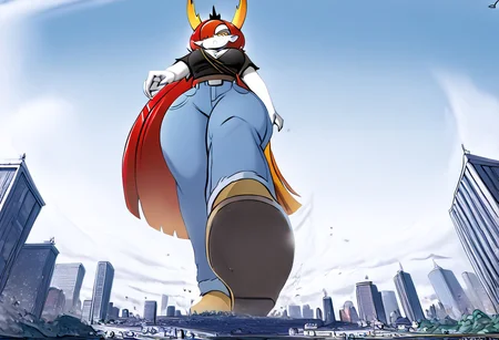 score_9, 1girl, solo, hekapoo, white skin, red hair, very long hair, hair over one eye, horns, tiara, small fire, pointy ears, black shirt, short sleeves, cleavage, jeans, belt, boots, curvy hyper proportions, thick thighs, mad, full body, sweat, (high quality, high res, 4k, best anatomy:1.9), giantess, facing viewer, under foot pov, walking, hyper hips, from below, city underneath foot, <lora:TeradaOchiko1:1>.