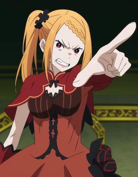 <lora:Priscilla_Barielle_ReZero:1>, red blonde hair, red eyes, priscilla barielle, red dress, pointing at viewer, angry