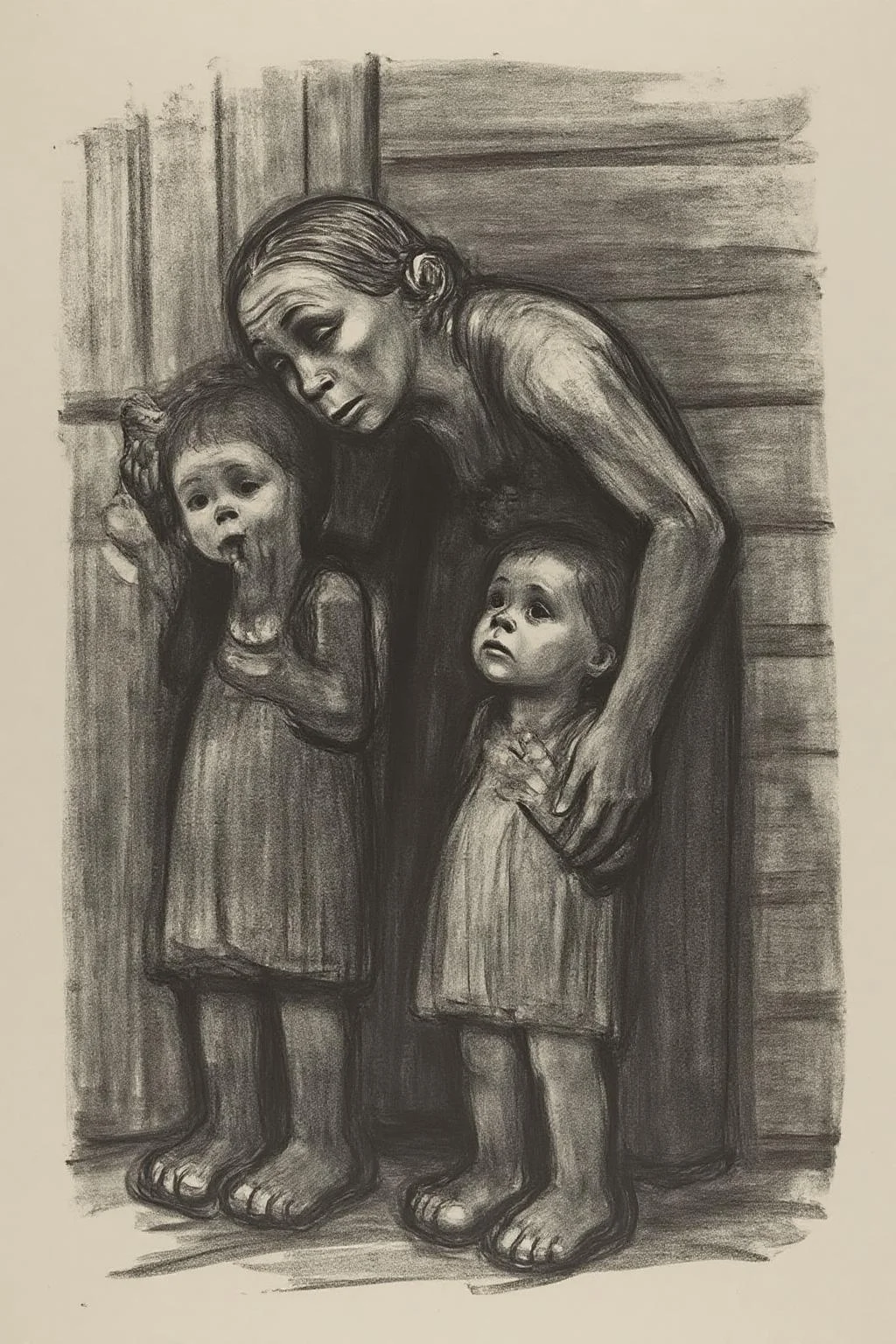 kako1 black and white charcoal drawing. A poignant charcoal drawing in the style of Kathe Kollwitz, illustrating a somber scene of a bent-over woman, her posture conveying exhaustion and despair, leaning against a wooden wall. Behind her stand two children, dressed in simple, worn clothing, looking up at her with quiet concern and innocence. The composition is rendered with heavy, expressive strokes in shades of black and gray, creating a raw and emotional atmosphere. The background features minimal details, focusing the viewer's attention on the figures and their emotional connection. The artwork evokes themes of poverty, maternal hardship, and resilience, capturing a deeply human and empathetic moment. <lora:kako1_litho_nocap_d6a3:1.0><lora:814760909856716774:0>