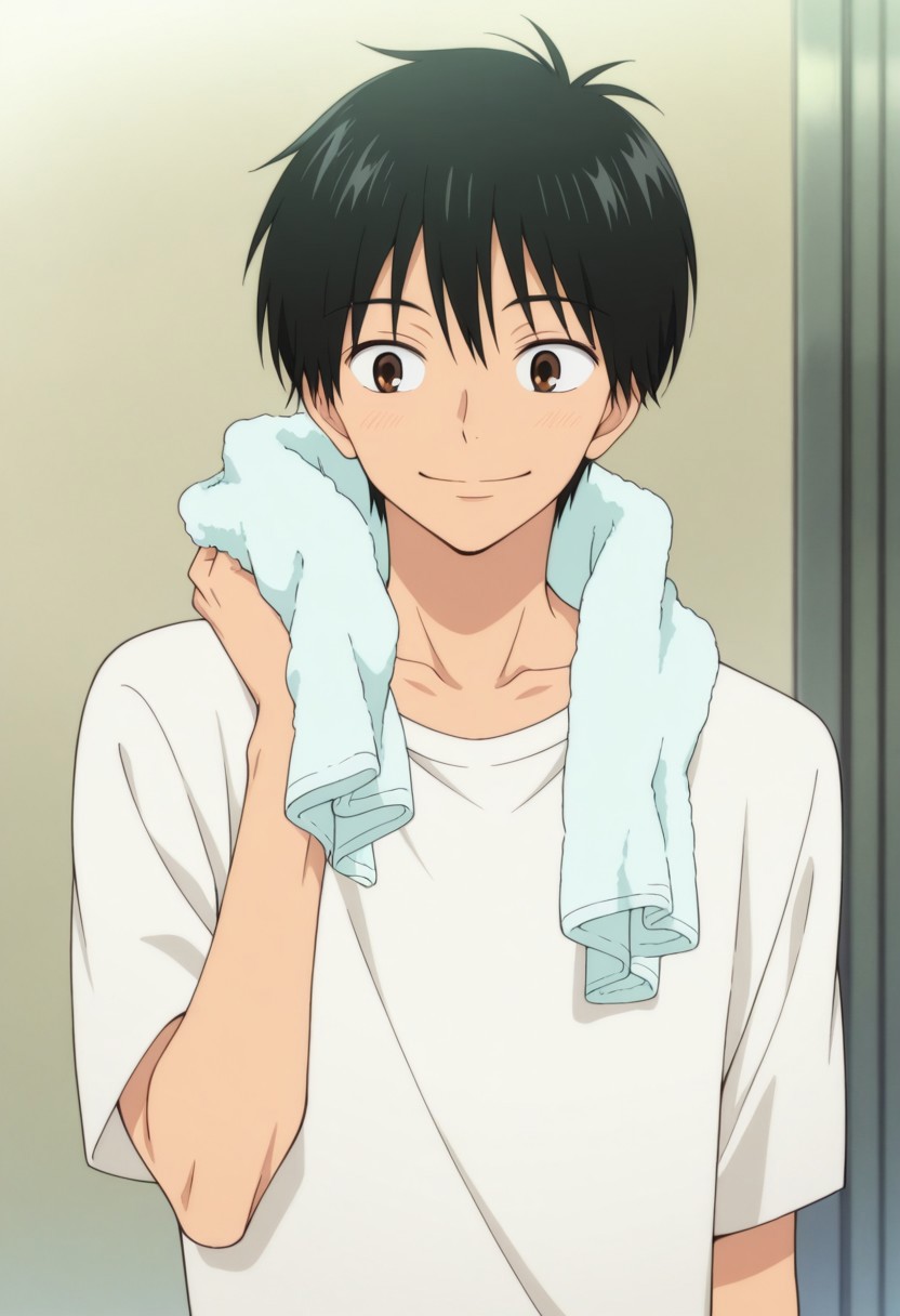 masterpiece,best quality,amazing quality, source_anime, 
kazahaya, 1boy, male focus, solo, brown eyes, black hair, collarbone, shirt, t-shirt, white short, towel around neck, smile,
