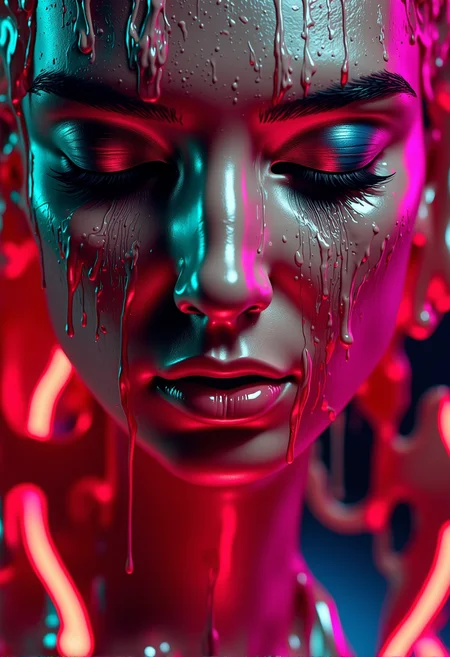 bv-colpaidri. A close-up of a young woman with metallic silver paint dripping down her face, focused on her melancholic gaze, highlighted by reflective neon lights to emphasize intricate details, <lora:bv-colorful-paint-dripping-v1.safetensors:1.0:1.0>