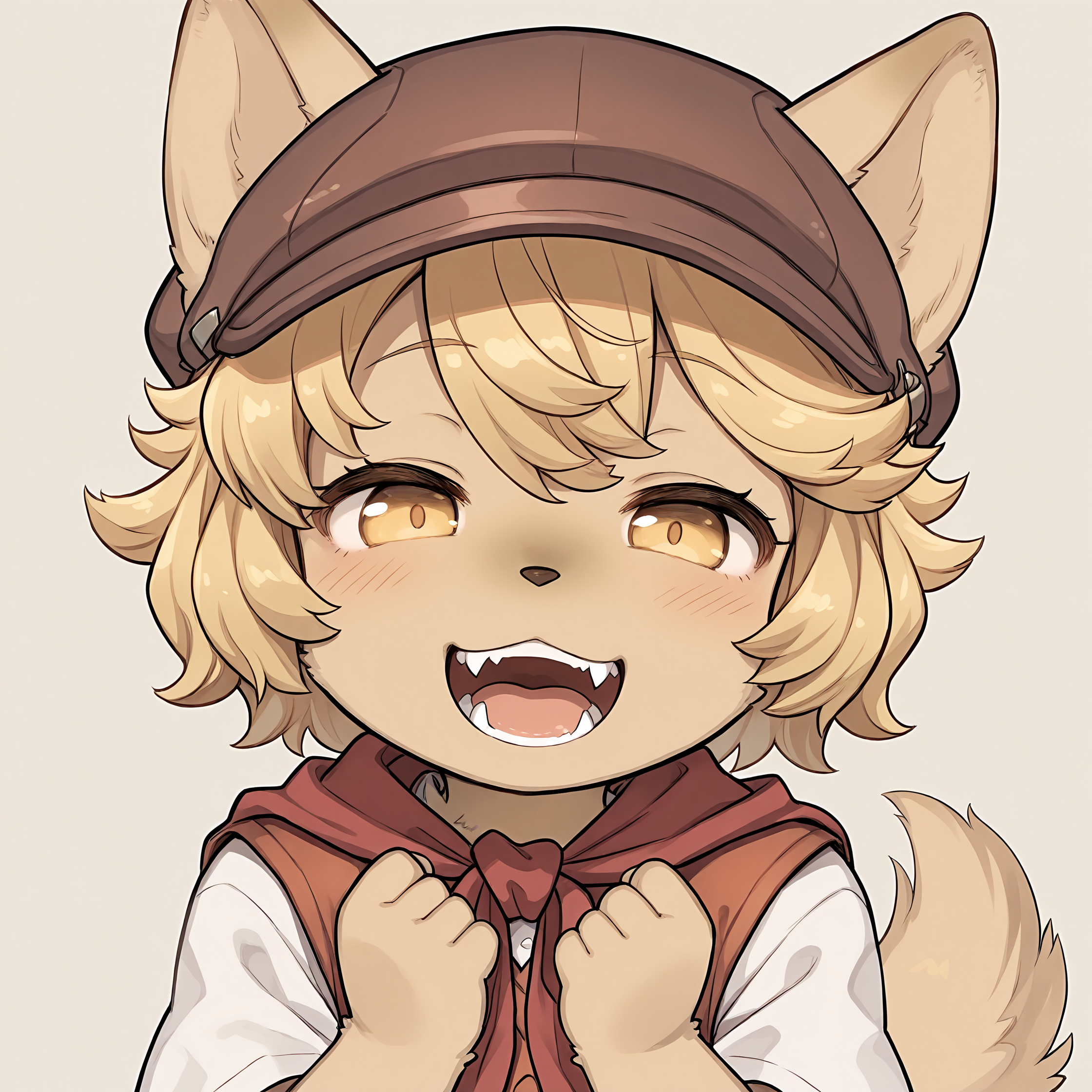 masterpiece, best quality, (absurdres), (highest quality), amazing quality, very aesthetic, no humans,
BREAK, <lora:Mei_Marzipan_Illustrious_V1:1>, mei marzipan, fuga: melodies of steel, kemono, furry female, 1girl, child, beige fur, blonde hair, yellow eyes, dog girl, animal ears, dog tail, dog ears,
BREAK, fuga 2 outfit, dress, red scarf, vest, hat,
BREAK, (solo), face focus, close-up, narrowed eyes, laugh, open mouth, fangs, looking at viewer,