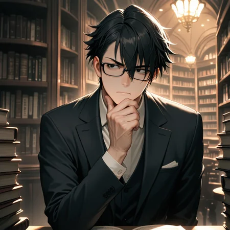 masterpiece, best quality, amazing quality, absurdres, newest, detailed background, definition so sharp, Ultra-HD, 8K cinematic, very awa, impressionate, amazing quality, highres,
solo, male focus, manly,
saruhikofushimi, saruhiko_black hair, saruhiko_black eyes, 1boy, short hair, glasses, looking at something off-screen, intrigued expression, hand on chin, suit, dim lighting, library, books, serious, intelligent, cool, charming