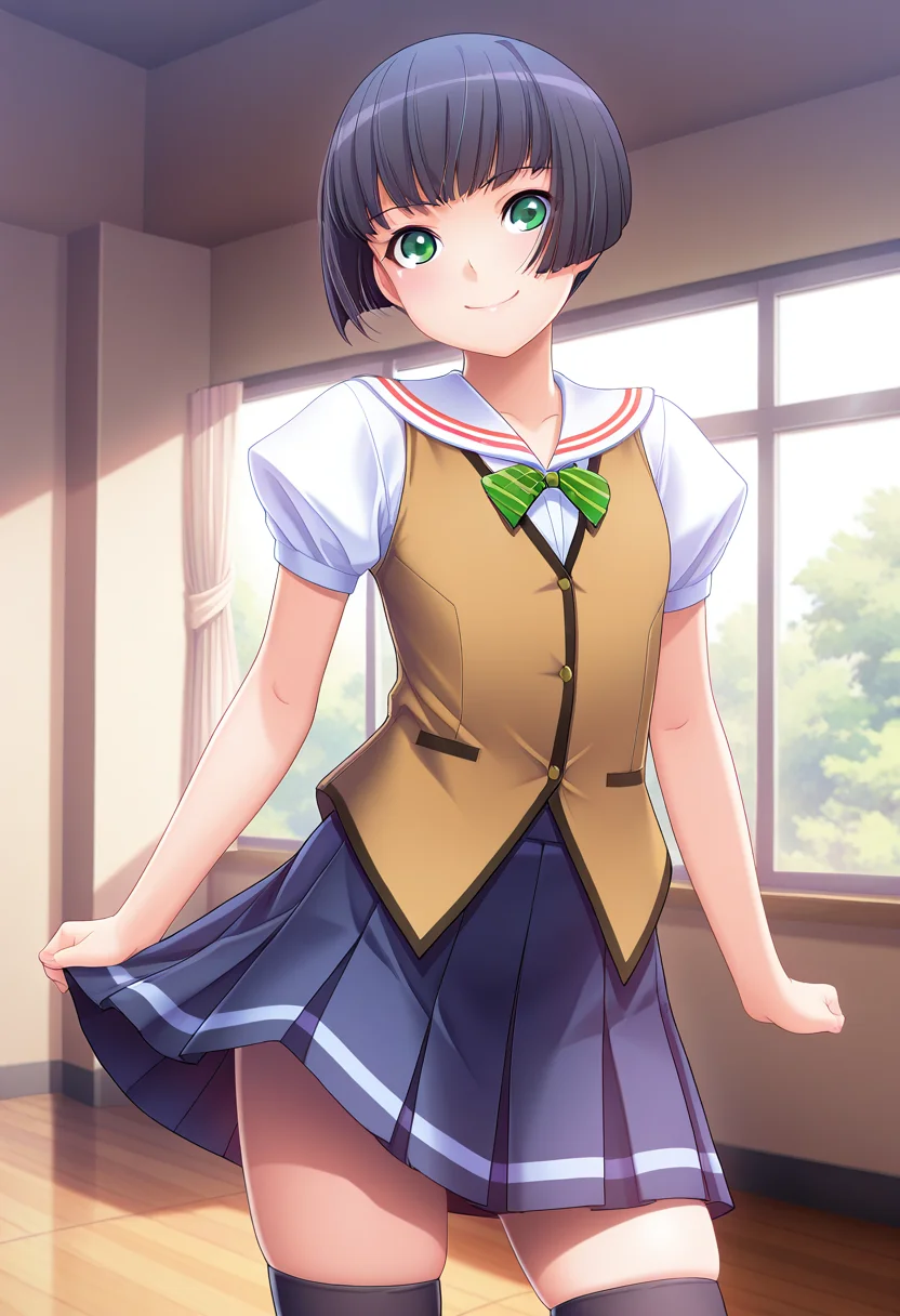 masterpiece, best quality, amazing quality, 1girl, solo, cowboy shot, amanoww, green eyes, black hair, short hair, bob cut, flat chest, school uniform, green striped bowtie, white sailor shirt, brown vest, short sleeves, dark blue pleated skirt, black kneehighs, looking at viewer, smile, indoors, day, skindentation, detailed clothing folds, depth of field, sharp, high contrast, dynamic light <lora:Yanase_Amano_Alea_ill:0.9>