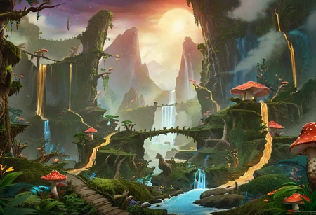 masterpiece, best quality, ultra detailed, professional light, cinematic lighting, ambient lighting, atmospheric effects, photorealistic, epic landscape, high fantasy, waterfall, mountains, cliff, one bridge, (Kintsugi style path), clouds, high trees, giant trees, weird trees, colorful mushrooms, (jungle).
Terrain should be split in left and right, where the right side is lava land landscape.