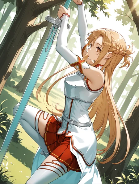 masterpiece,best quality,newest,
1girl,solo,
<lora:a_asuna_ilxl_v1:1>,a_asuna,brown eyes,a_clothes,red skirt,a_sword,holding sword,
<lora:Fixhands_anime_bdsqlsz_V1:1>,(huge weapon,sword,cyberpunk),spread legs,standing,dutch angle,dynamic_angle,looking_at_viewer,grassland,trees,sunlight through the trees,from_side,profile,arms_up,stretch,fantasy,