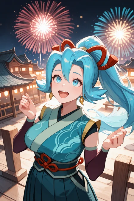 masterpiece, best quality, 1girl, solo <lora:pkmnclair-illu-nvwls-v1-000006:1> nyrsc1r, blue hair, high ponytail, long hair, hair between eyes, blue eyes, earrings, turquoise kimono, sash, arm warmers, hakama skirt, large breasts, night, fireworks, looking up, happy, open mouth, hands up, bokeh, east asian architecture