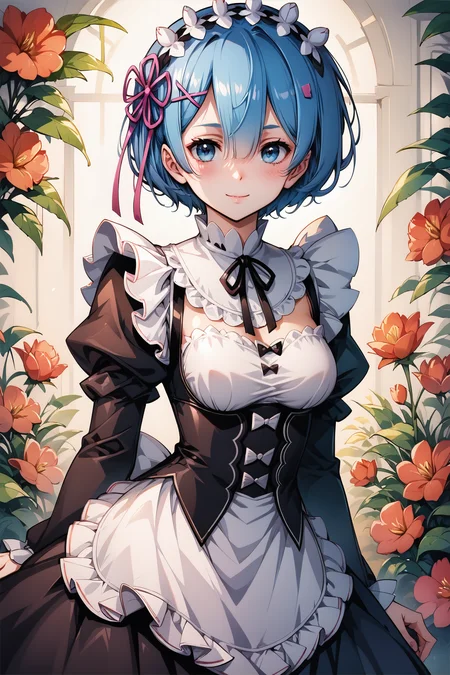 score_9,score_8_up,score_7_up,masterpiece,best quality,
flyx3 Style,
1girl,solo,rem (re:zero),blue hair,x hair ornament,short hair,hair ornament,blue eyes,maid,looking at viewer,ribbon,maid headdress,long sleeves,dress,roswaal mansion maid uniform,smile,hair ribbon,breasts,puffy sleeves,frills,apron,bangs,closed mouth,black ribbon,pink ribbon,blush,medium breasts,black dress,juliet sleeves,cowboy shot,flower,hair between eyes,red ribbon,waist apron,
<lora:mix_XL_PONY:0.8>,