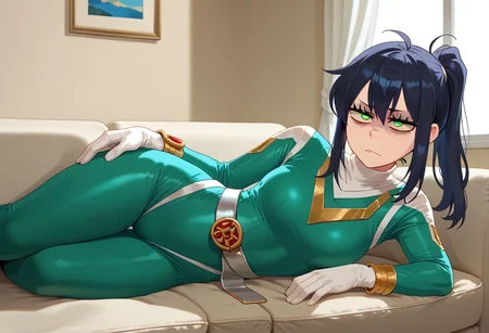 score_9, score_8_up, score_7_up, BREAK,
1girl, solo, sentaisaintforce, green bodysuit, silver belt, white gloves, spandex, m-shaped chest symbol, helmet removed, no headwear, reneegr, black hair, ponytail, sidelocks, long hair, green eyes, jitome, (bags under eyes:1.5), frown, annoyed, tired, looking at viewer, on side, hand on hip, indoors, room, sofa, Expressiveh