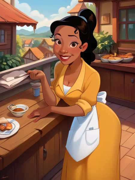 score_9, score_8_up, score_7_up, score_6_up, 1girl, ponytail, dark-skinned female, bedroom, balcony, yellow dress, long skirt, white apron ,cleavage, curvy, medium breasts, narrow waist, wide hips, thick thighs, looking at viewer, dynamic angle, cowboy shot, dynamic pose, smile, cute, wide shot, sexually suggestive, restaurant, table humping, makeup, disney, cartoon, realism, 
 <lora:TianaXLP_character:1>TianaXLP <lora:Realistic_2.5DAnime_Merge1:0.5>