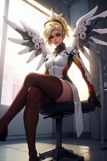 <lora:Char_overwatch_Mercy():.75> mercy, sitting down, crossed legs, from below