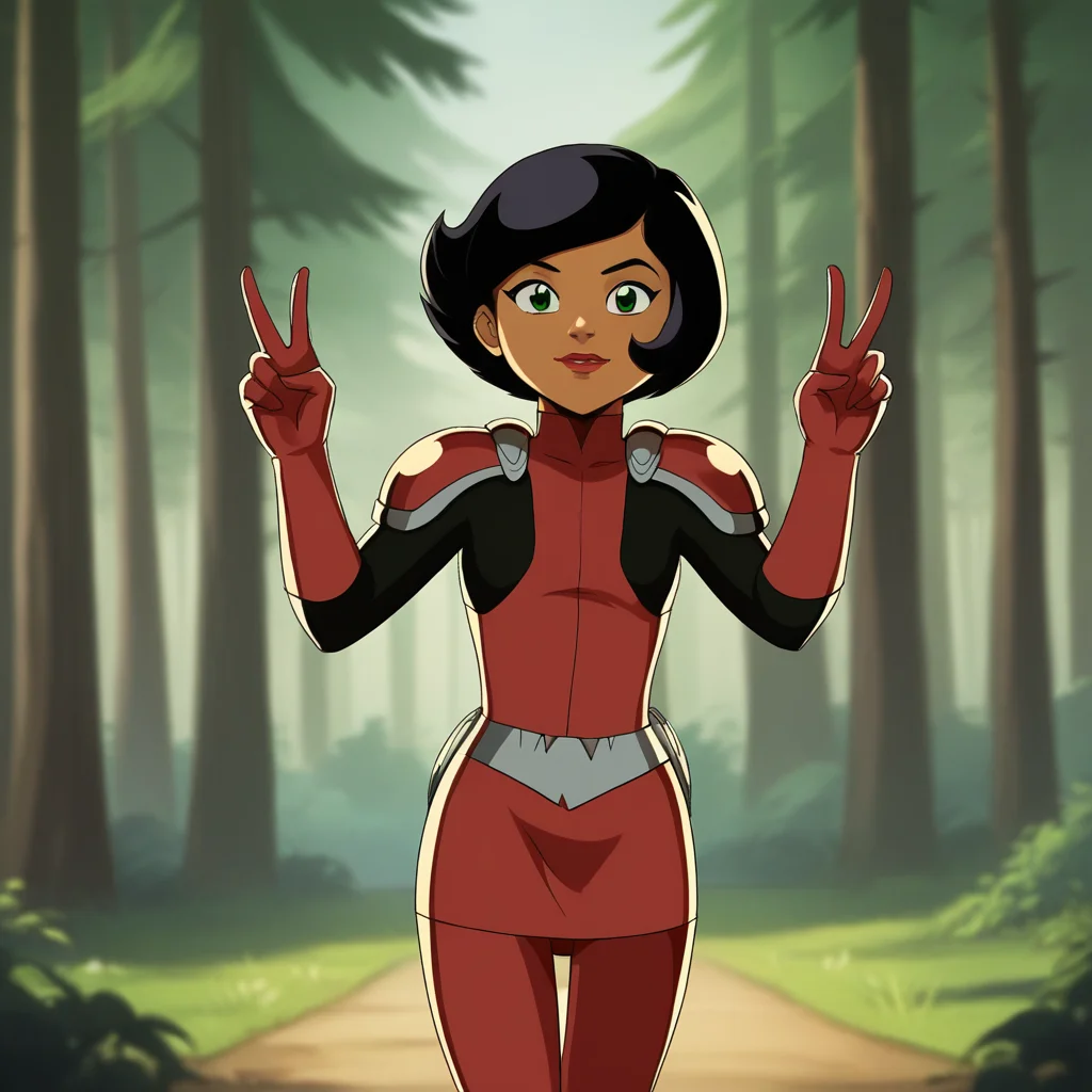 score_9_up, score_8_up, BREAK, Megan, 1girl, solo, black hair, short hair, green eyes, dark skin, lipstick, bodysuit, shoulder pads, armor, skirt, red legwear, cowboy shot, <lora:Megan_SpieZ_PXL_Leaf4:1>, outdoors, depth of field, looking at viewer, forest, double v,