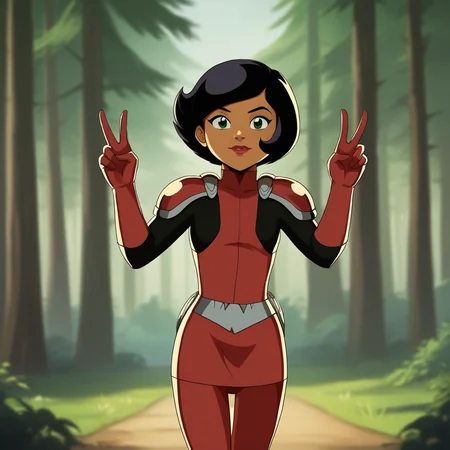 score_9_up, score_8_up, BREAK, Megan, 1girl, solo, black hair, short hair, green eyes, dark skin, lipstick, bodysuit, shoulder pads, armor, skirt, red legwear, cowboy shot, <lora:Megan_SpieZ_PXL_Leaf4:1>, outdoors, depth of field, looking at viewer, forest, double v,