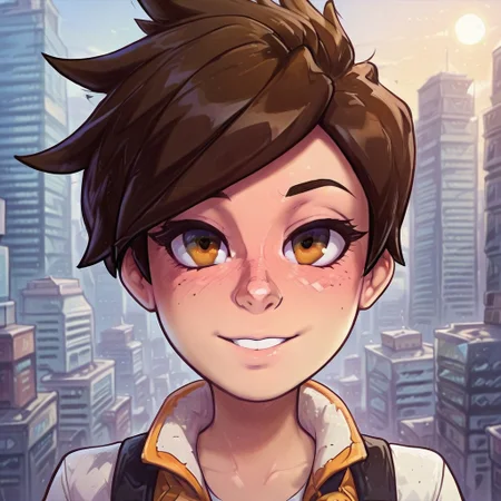 cartoon, detailed, 
tttmommy,  short hair, brown hair, brown eyes, tracer hair, 
tracer jacket, looking at viewer, blush, freckles, portrait,   in city, sunny day, close view on her face, gentle smile ,