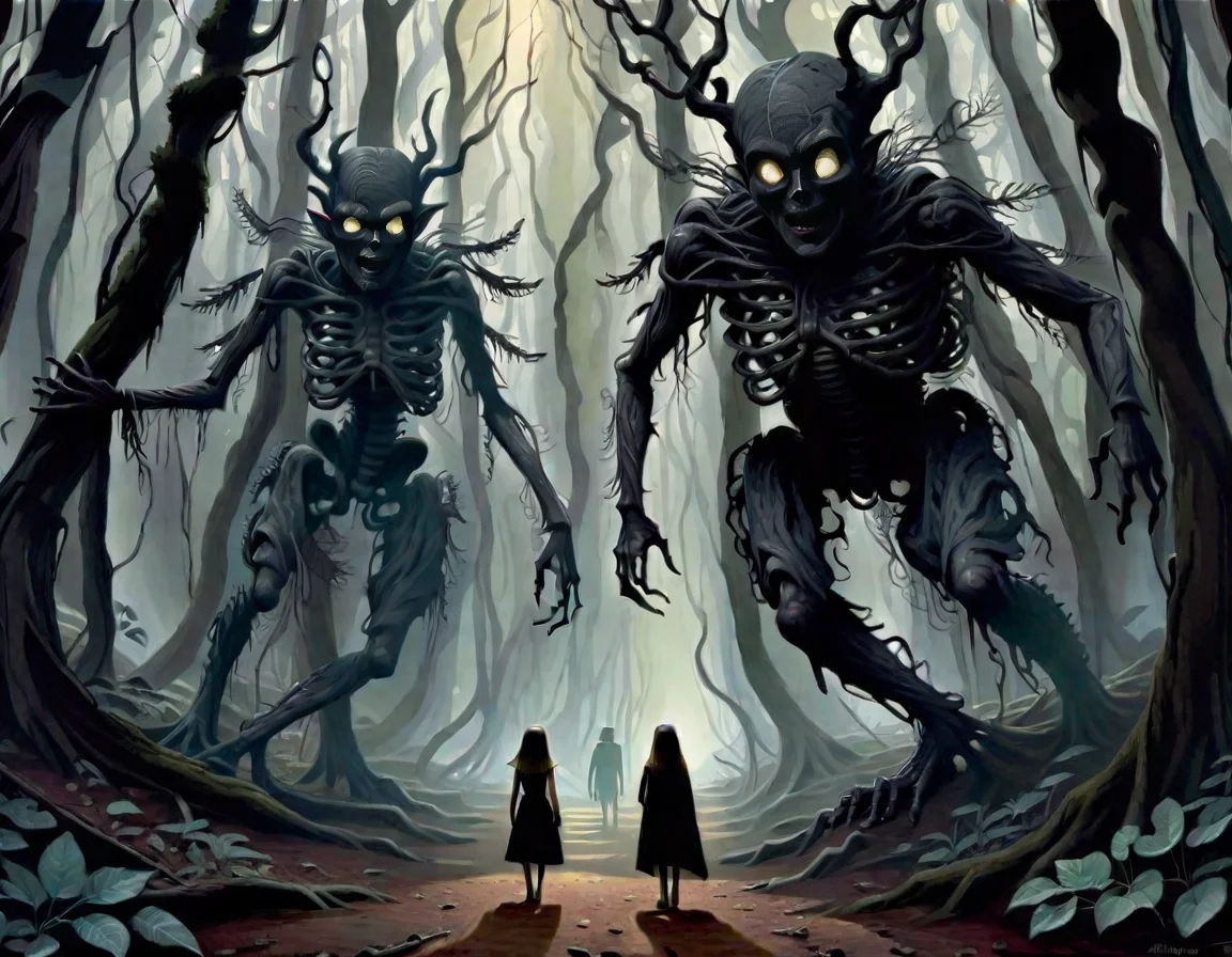 <lora:Surreal_XL:1>, surreal-xl, absurd, bizarre, eerie, fanciful, fantastic and ludicrous, Shadow people watching us inside a dark horror forest, heroic lighting, folklore, intricate, highly detailed, lifelike, photorealistic, digital painting