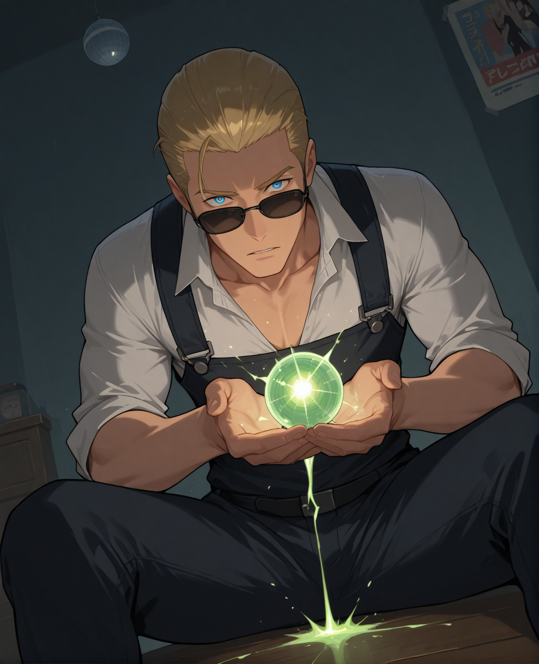 PonyScores7, source_anime, ah, 1IllustriousQual, interesting, exciting, spectacular, wonderful,
BREAK ((from below), far from viewer),
BREAK <lora:albertwesker-guy-PONYv1:0.8>, albertwesker, 1boy, toned, athletic, fit, mature male,  angular face, sharp_featured face, handsome, charming, alluring, <lora:shinyskin2:0.2>, glistening skin, AS-MidAged,
BREAK slicked back hair, short hair, blonde, <lora:hairdetailpxl:0.2>, hairdetailpxl, 
BREAK blue eyes, <lora:expressive eyes:0.2>, expressive eyes, <lora:eyedetailpxl:0.2>, eyedetailpxl, <lora:Eyes_High_Definition:0.2>, EyesHD,
BREAK (A swirling vortex of vibrant green energy forms around his body, allowing him to teleport short distances, disappearing and reappearing in a flash),
BREAK (a lively bar with a funky atmosphere, decorated with disco balls, vintage posters, a dance floor where guests can dance the night away),
BREAK Boredom, <lora:Expressive_H:0.2>, Expressiveh, looking at viewer, <lora:Emotional_Anime_Expressions_PonyXL_Concept:0.2>, emotional, <lora:Best_Facial_Expression_LoRA_PONY:0.2>, <lora:Detailed expressive EXEV style -XL Pony V1.0:0.2>, FaceDetail,
BREAK (The Reluctant Hero, Clad in simple farmer's attire, his calloused hands rest on a worn plow, and a determined look in his eyes), (sunglasses:1.3), 
BREAK <lora:xl_more_art-full_v1:0.2>, <lora:aesthetic_anime_v1s:0.2>, <lora:EpicF4nta5yXL:0.2>, <lora:detailxl:0.2>, detailxl, <lora:Fant5yP0ny:0.2>, best quality, amazing quality, best aesthetic, absurdres, illustration, Volumetric_Lighting, ultra-detailed, very aesthetic, intricate details, 8k, masterpiece, best_quality,
BREAK Stable_Yogis_PDXL_Positives, AS-Adult, <lora:Complicated fantasy portrait - XL Pony V2.0:0.2>, bad-hands-5, <lora:HDA_Detailer:0.3>,