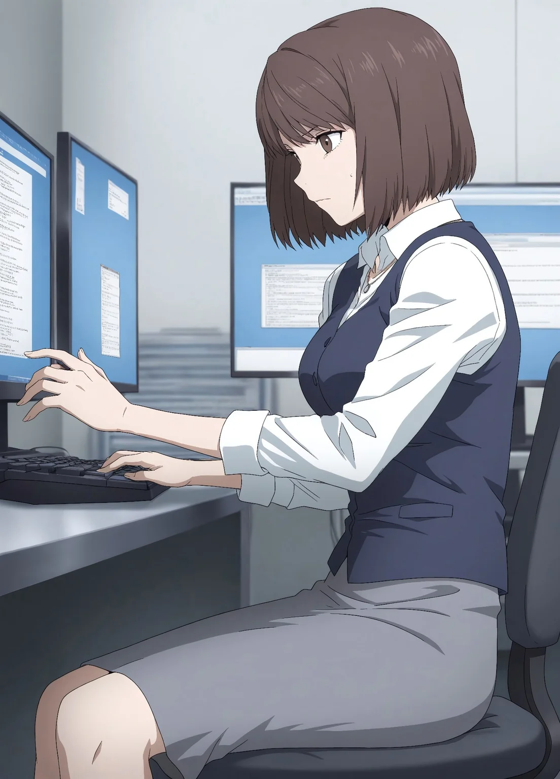 masterpiece, best quality, amazing quality, absurdres, 

Survival_Office_Lady,1girl, breasts, brown eyes, brown hair, , short hair, bob cut, bangs

Blue vest, collared shirt, grey skirt, pencil skirt, school uniform, sleeves rolled up, white shirt, vest, office lady, long sleeves, shirt, skirt, jewelry, necklace

 ,look at screen,  screen /(computer), typing keyboard,  keyboard /(/computer), sitting on officie chair, officie room background, serious, from side,