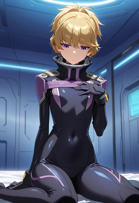 masterpiece, best quality, amazing quality, very aesthetic, absurdres, newest, illustration, perfect composition, intricate details, highres, anime coloring, general, 1girl, solo, (cowboy shot:1.2), keiww, purple eyes, blonde hair, hair up, short hair, short ponytail, bangs, hair between eyes, flat chest, keipilot suit, high collar, breasts, black bodysuit, pilot suit, black gloves, covered navel, <lora:Kugimiya_Kei_Majestic_Prince_ill:1>, indoors, bedroom, frown, wariza, sitting, hand on own chest, looking down, shiny body, shiny skin, skindentation, clear skin, shiny hair, ultra detailed eyes, depth of field, sharp, intricate details, hyperdetailed, ultra-detailed, detailed clothing folds, high contrast, dynamic light <lora:Kugimiya_Kei_Majestic_Prince_ill:1>
