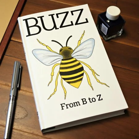 The cover of the primer, at the top a large headline "BUZZ", in the middle a stylized image of a bee, below the subtitle "From B to Z". The book lies on a wooden table, next to an inkwell and a pen.