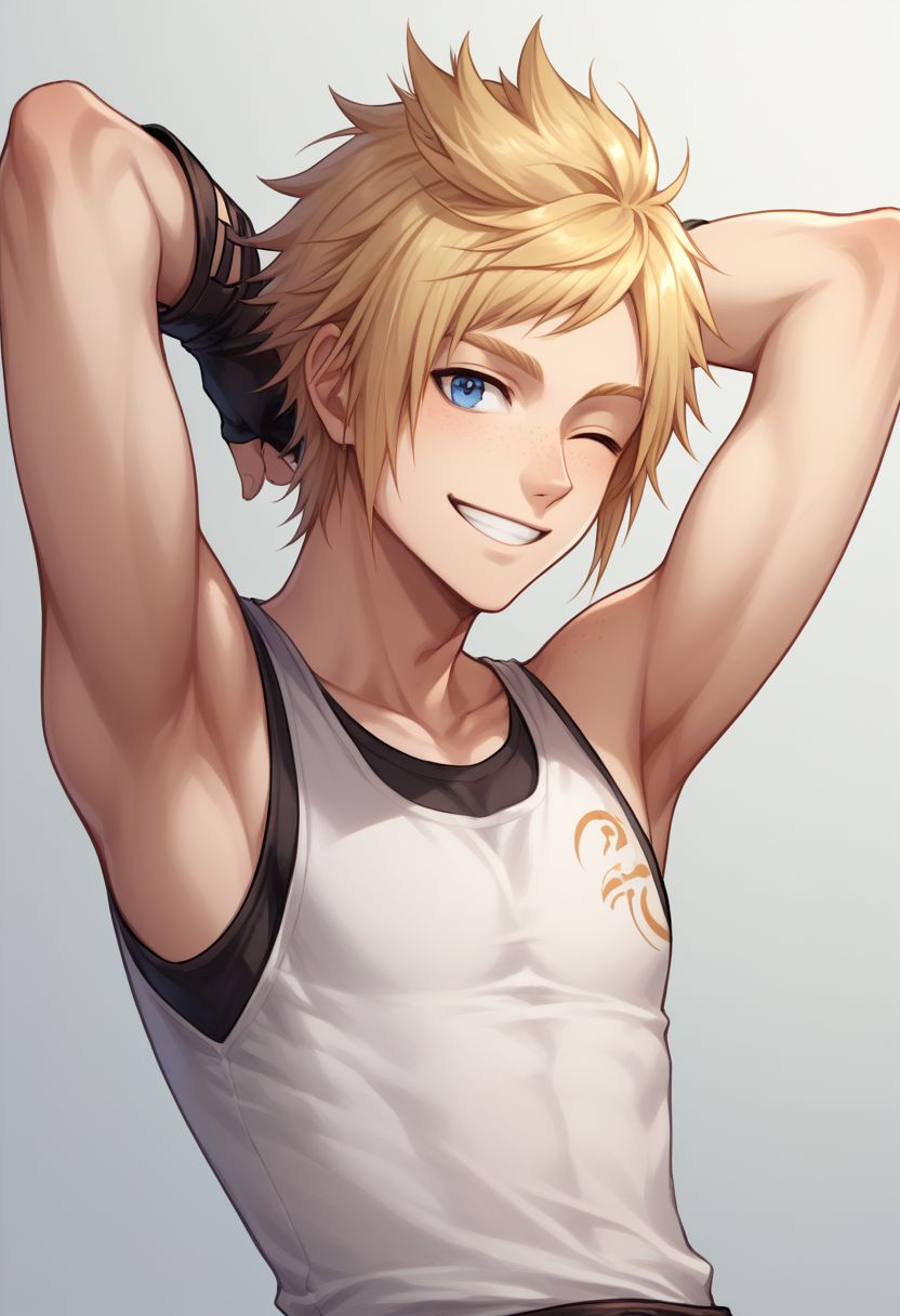 score_9, score_8_up, source_anime, highly detailed, 1boy, solo, male_focus, slender, skinny, upper body,
prompto, 1boy, male focus, solo, blue eyes, blonde hair, gloves, fingerless gloves, freckles, shirt, sleeveless, smile, hands behind head, wink,
indoor,